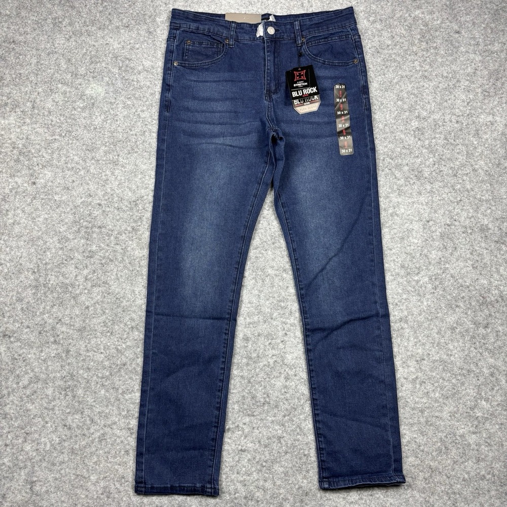 BLU ROCK Denim Jeans Mens 30x31 Blue Indigo Whiskered Dark Wash NWT NEW